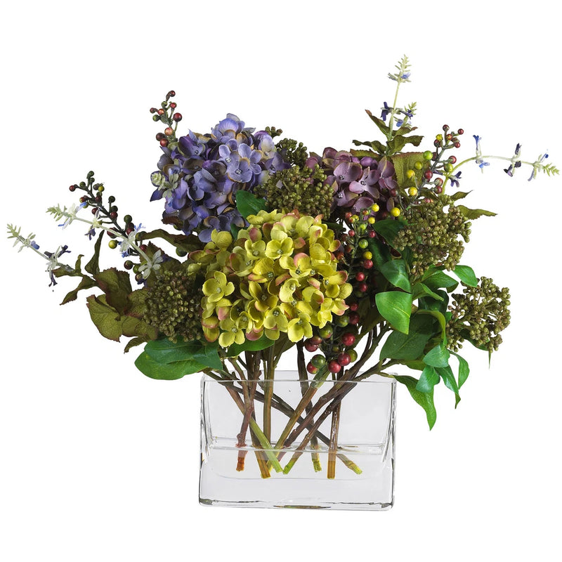 Mixed Hydrangea W/Rectangle Vase Silk Flower Arrangement Decor Hydrangea