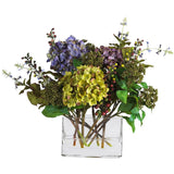 Mixed Hydrangea W/Rectangle Vase Silk Flower Arrangement Decor Hydrangea