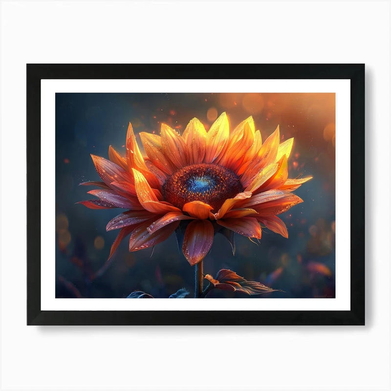Framed sunflower flower art print with orange and yellow petals and blue center