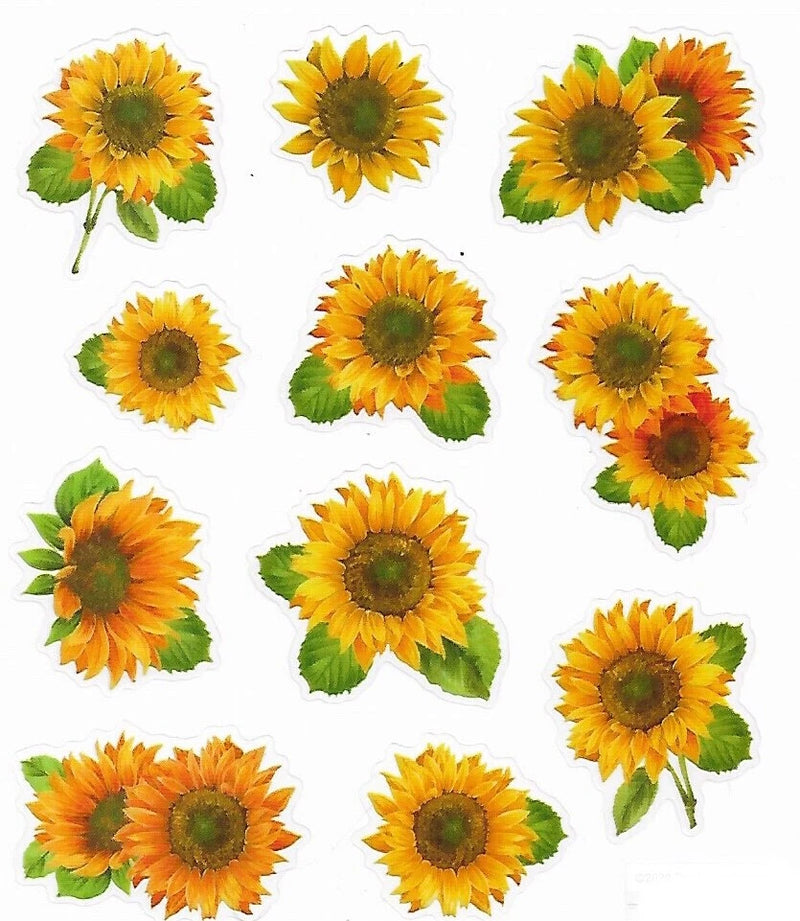 Set of sunflower craft stickers with green leaves, multiple die-cut designs
