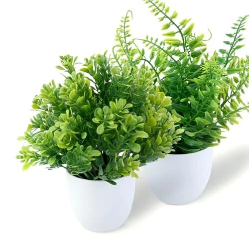 GREENTIME 2 Pack Small Fake Potted Plants for Home Decor Faux White-2 Pack Green Plant