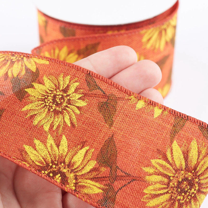 20 Yards of 2-1/2" Rustic Orange Sunflowers Fall Wired Ribbon Sunflower