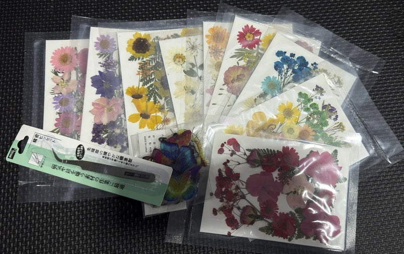 Pressed dried flower and butterfly sticker set with colorful botanical designs on clear sheets