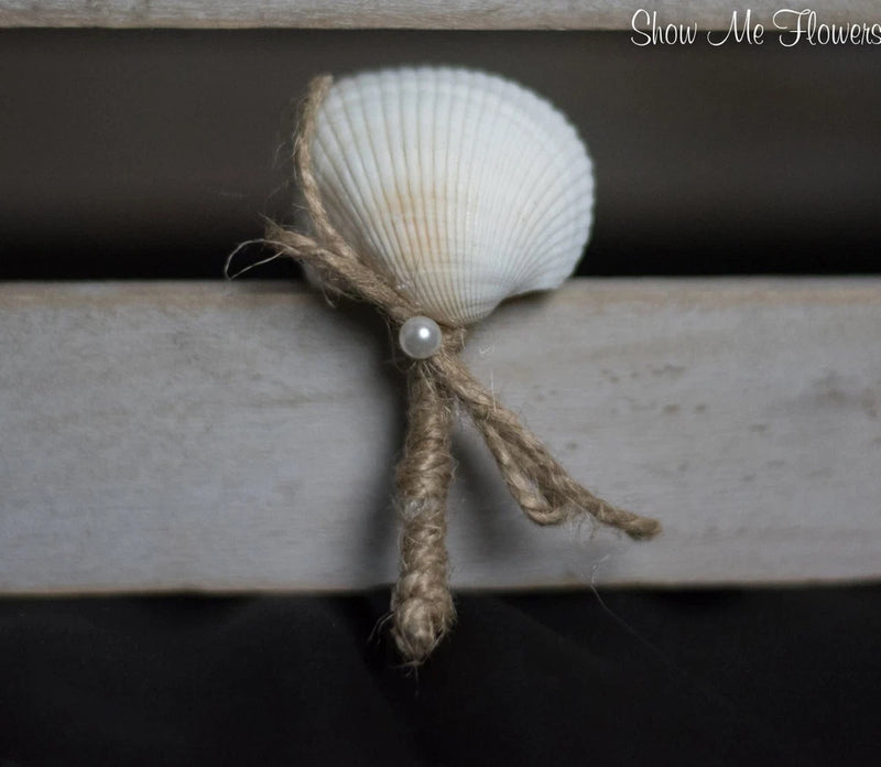 Seashell boutonniere with pearl bead and twine tie
