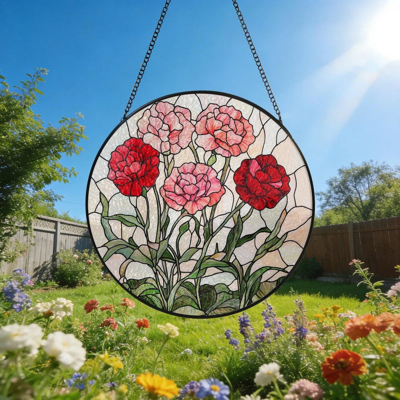 Round stained glass suncatcher with red and pink carnation flowers, hanging chain