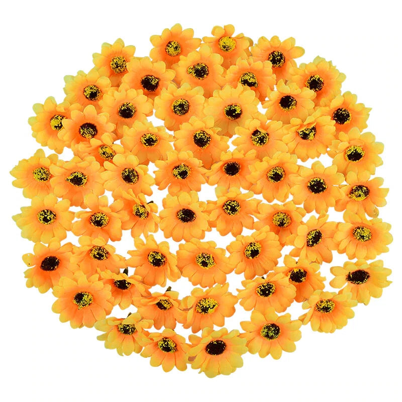 Mini artificial sunflower heads, orange and yellow with dark centers, 100-piece set