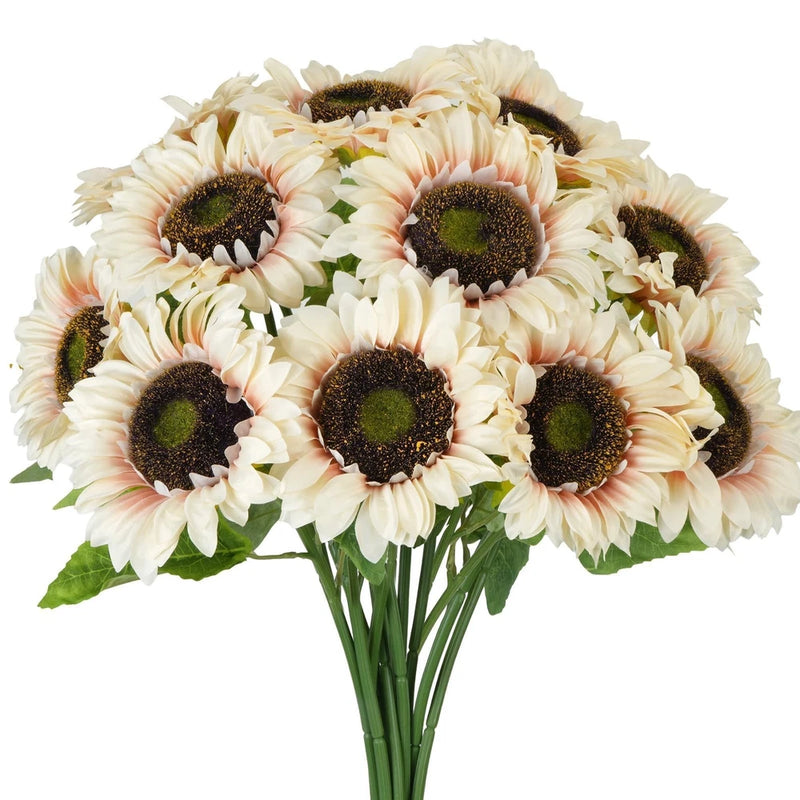 Artificial white sunflower bouquet with long green stems and dark brown centers