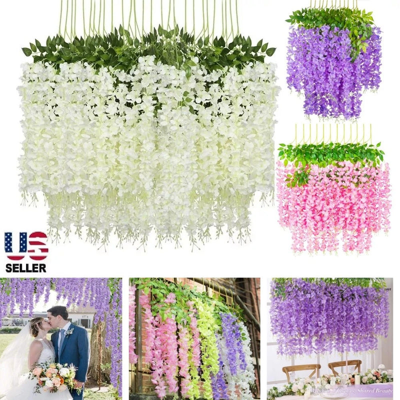Artificial wisteria vine hanging garland set with silk flowers, white purple and pink