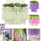 12PCS Artificial Fake Wisteria Vine Ratta Hanging Garland Silk Flowers Decor Roses