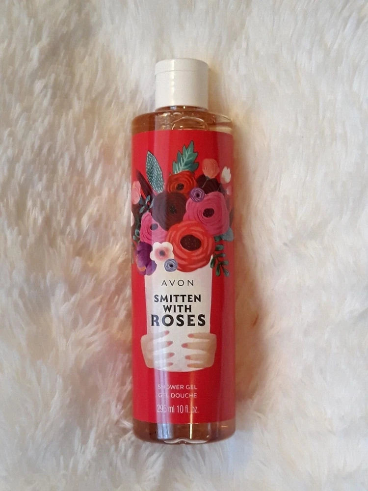 Avon Smitten with Roses shower gel bottle, red with pink rose label, 10 fl oz