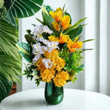 Tropical Floral Arrangement: Yellow & Green Beach House Decor, Table Centerpiece Green Plant