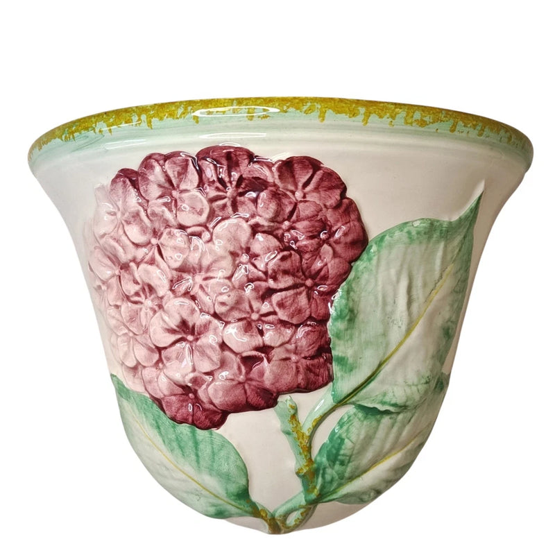 Italian Pottery Wall Sconce Planter Vase Hydrangea Pink White Hand Painted Ceram Hydrangea