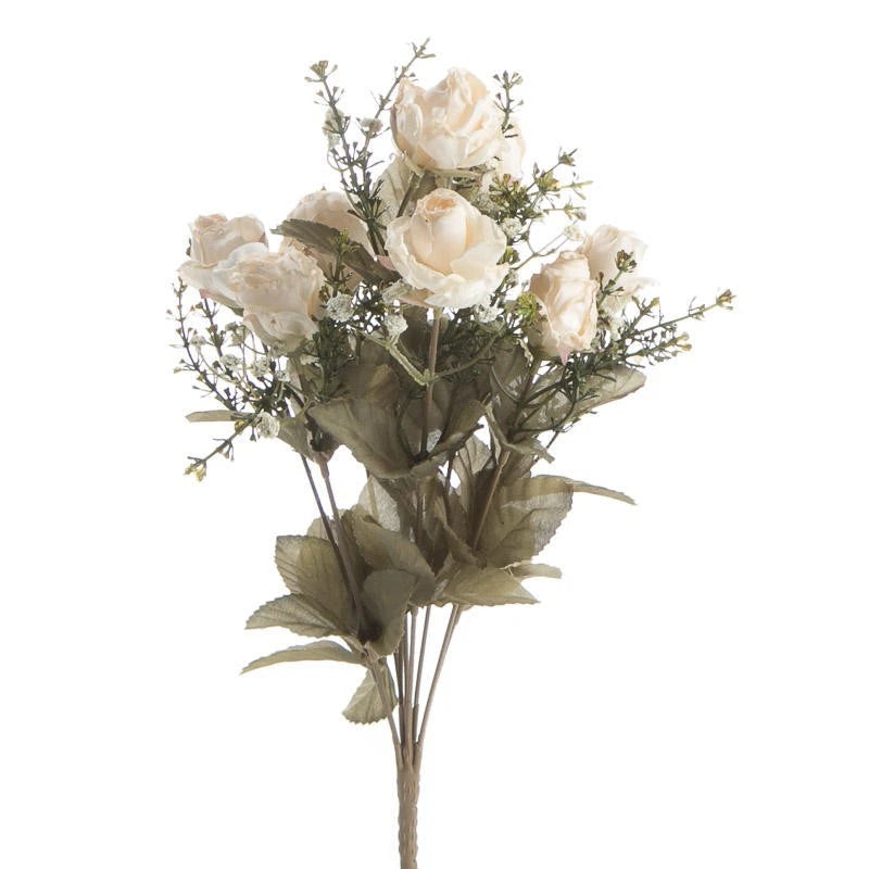 Artificial dried-look rose bush with light pink and cream antique roses, stems