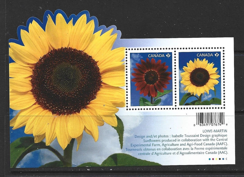 Sunflower souvenir stamp sheet with two perforated Canada stamps in yellow and red
