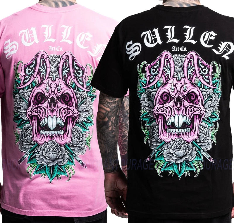 Men's premium fit short-sleeve T-shirt, skull-bunny back graphic, black and pink