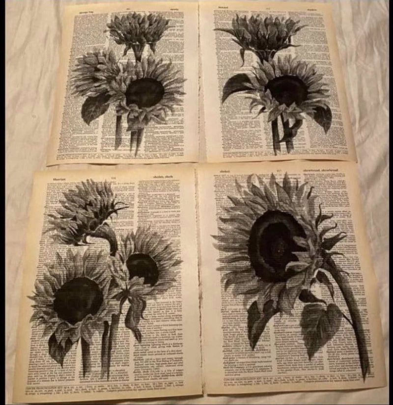 Set of four sunflower dictionary-page art prints with dark floral collage on vintage paper
