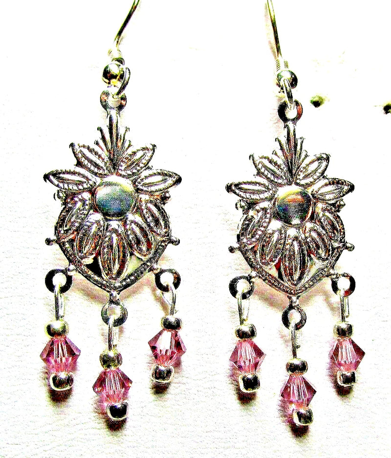 Silver sunflower drop earrings with amethyst bi-cone crystals and dangling pink drops