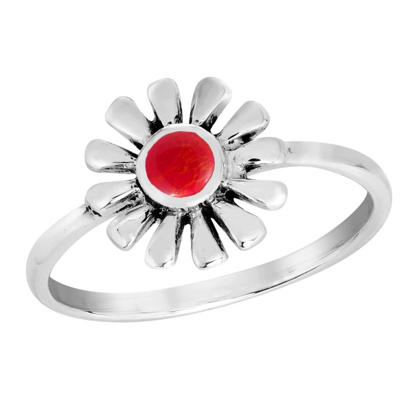 Sterling silver band ring with sunflower petals and red coral center