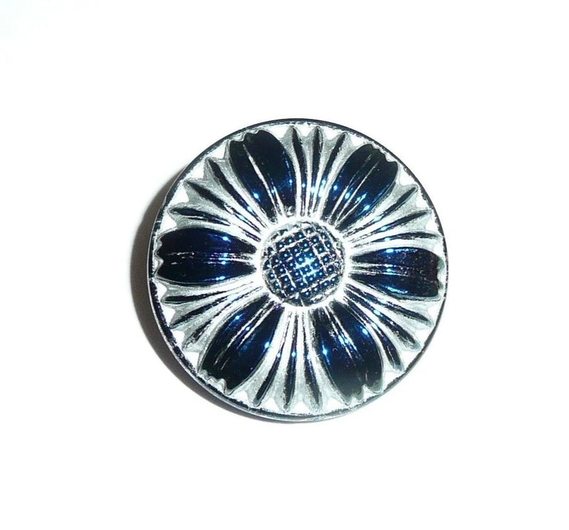Round Czech glass shank button with cobalt blue sunflower center and silver radiating ridges