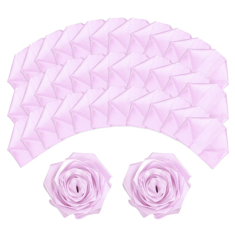 Lavender satin ribbon rose petals with two small rose flowers, 100-piece set