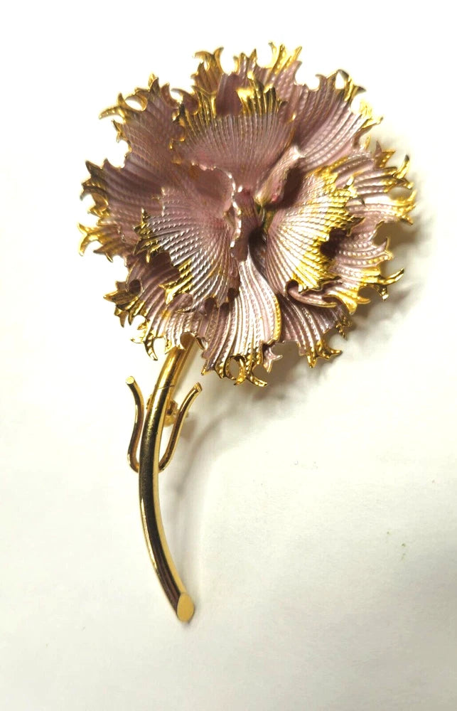 Gold Tone And Pink Enamel Carnation Brooch P23 Carnation