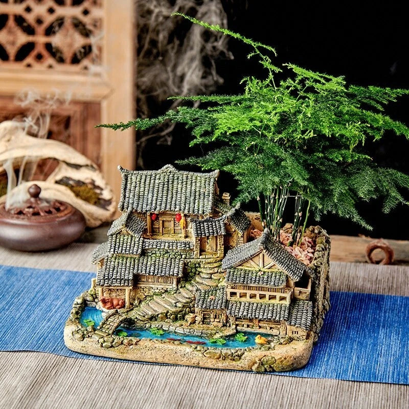 Bonsai Decor Green Plant Balcony Desktop Office Garden Resin Potted with Light Garden Plants