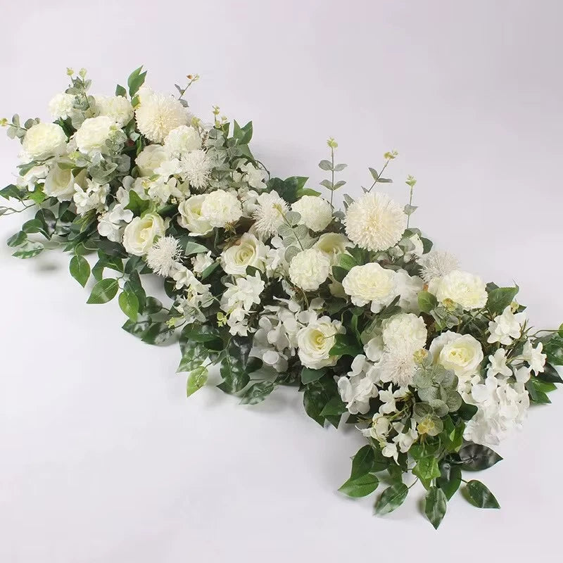 Artificial white rose flower row centerpiece with greenery