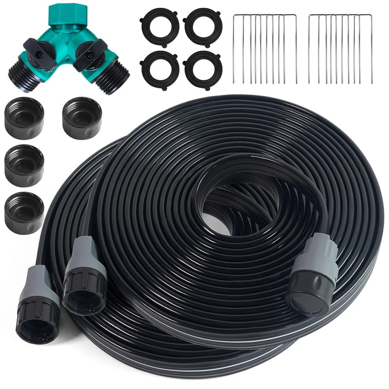 Flat soaker sprinkler hose kit, black with end connectors and rings