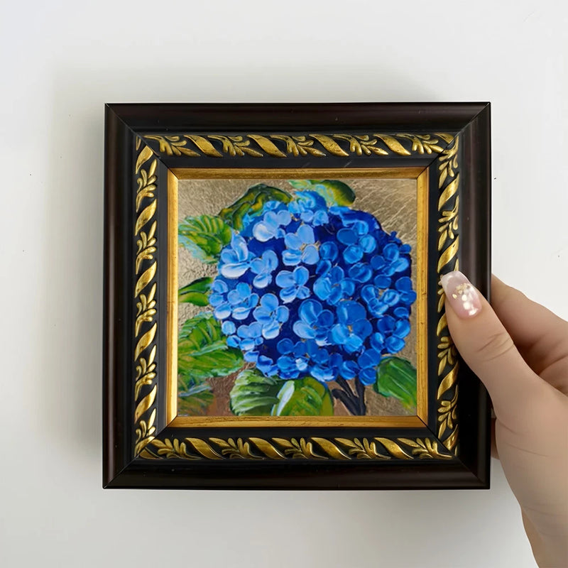Blue Hydrangea Flower Painting on 4x4 inch Brown Gold Framed Wall Decor Hydrangea