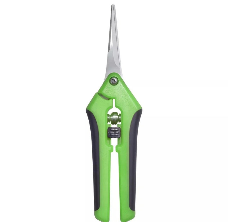 Garden trimming scissors with stainless straight blades, green and black ergonomic handles