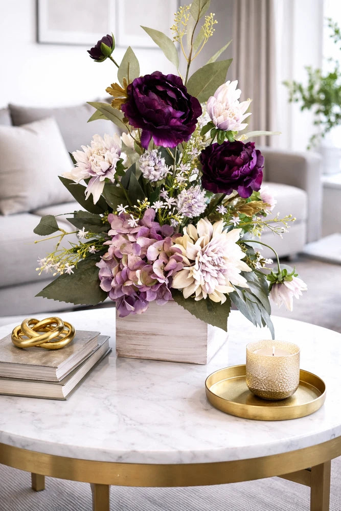 Purple Hydrangea & Aubergine Ranunculus Floral Arrangement, Green Dahlia Floral Ranunculus