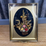 Vtg Dried Bouquet w/ Velvet Flowers, Gold Mat & Frame 6Óx8Ó Table & Wall Hanging Dried Flower