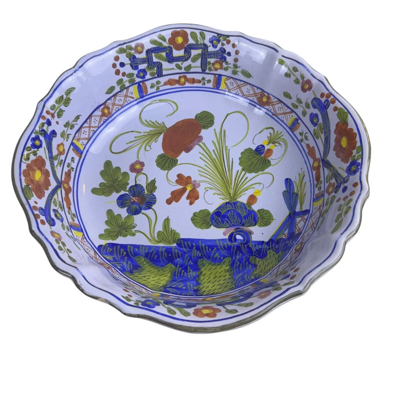 Footed salad serving bowl with scalloped rim, blue floral pattern