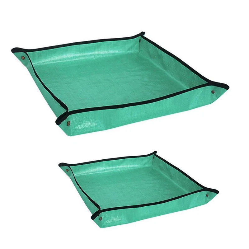 Foldable green garden transplanting tray mat with black edges and corner grommets