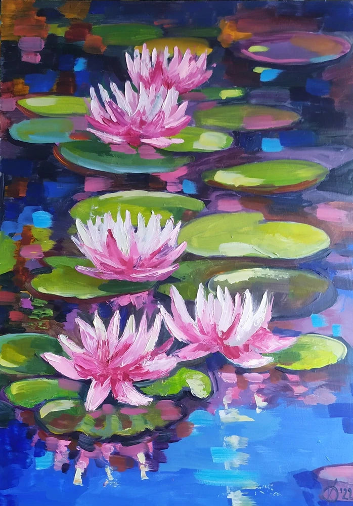 oil painting on panel with water lilies or lotuses original art 12 x 16 inches Lily
