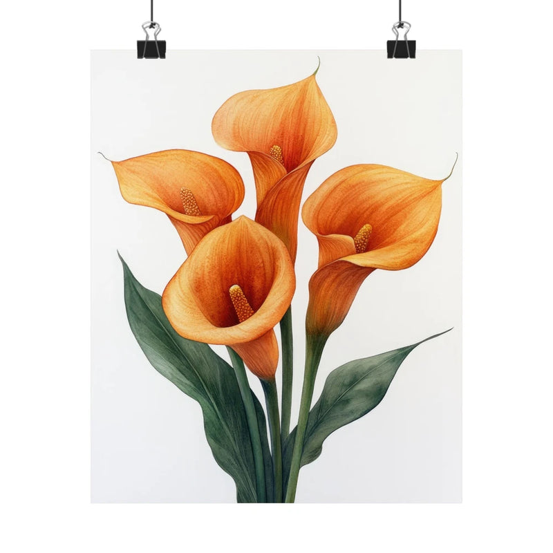 Orange calla lily flower art print with green leaves, minimalist botanical poster
