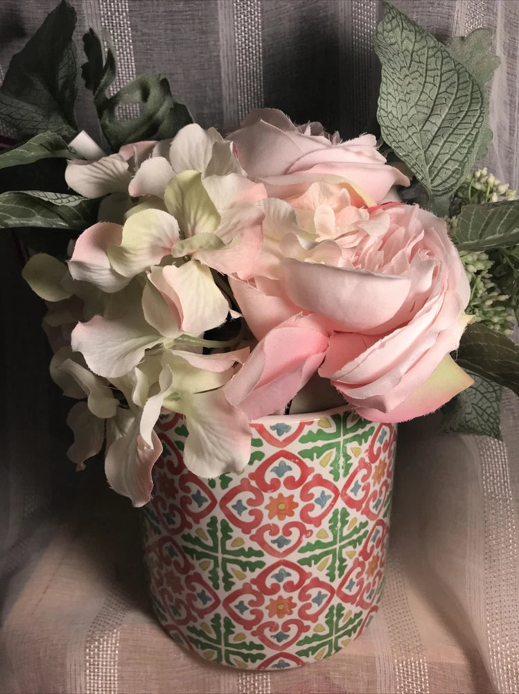 Faux Flower Centerpiece Ceramic Vase NWT Pink Cream Green Beautiful Floral Decor Hydrangea