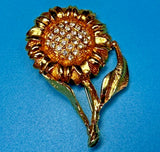 Sunflower - Rhinestone Accented Gold Tone Brooch Pin Marked M - Made In USA Sunflower