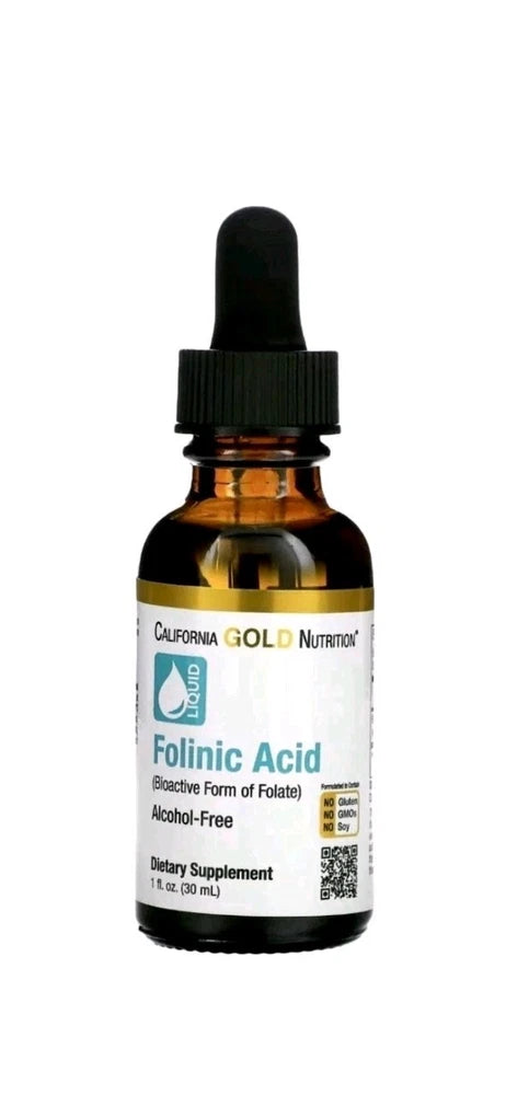 California Gold Nutrition Folinic Acid dropper bottle, amber glass, black cap
