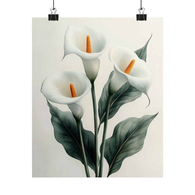 Minimalist calla lily flower art print poster with three white blooms and orange centers
