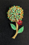 Vintage Green & Gold Enamel Flower Hydrangea Brooch with Ladybug Hydrangea