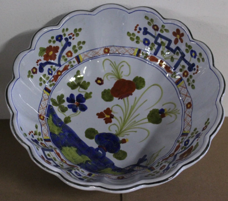 Blue floral round fluted serving bowl with decorative painted border and inner pattern