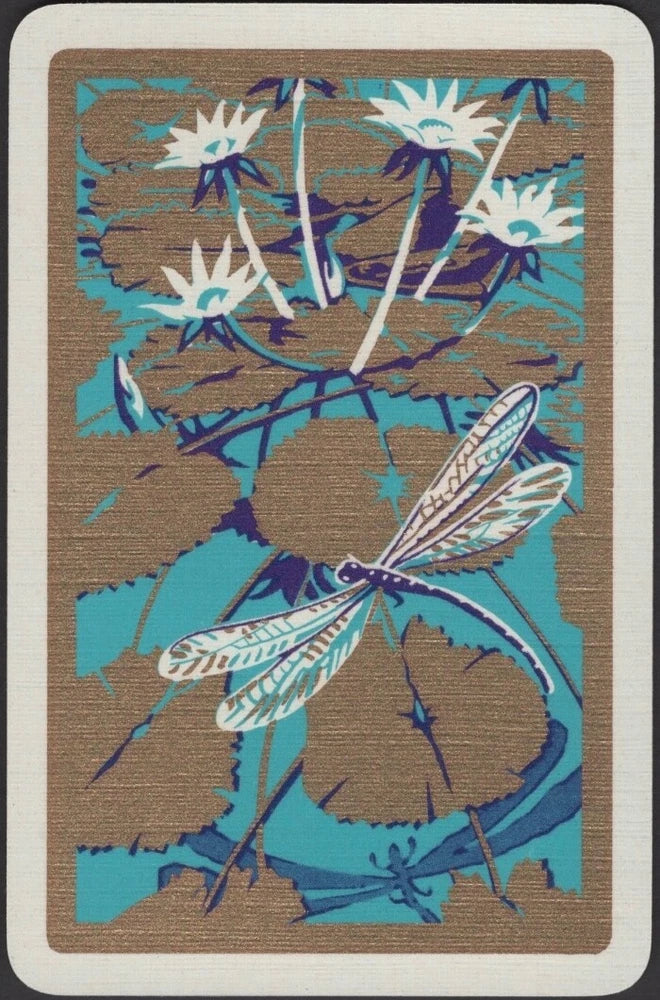 Vintage single playing card with dragonflies and pond lily flowers