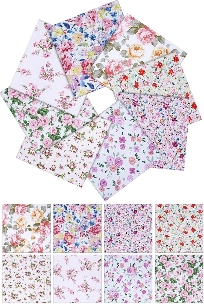 8 Pack Spring Cotton Fabric Fat Quarter Bundles, Pink Floral Cute Vintage Fabric Flowering Plants
