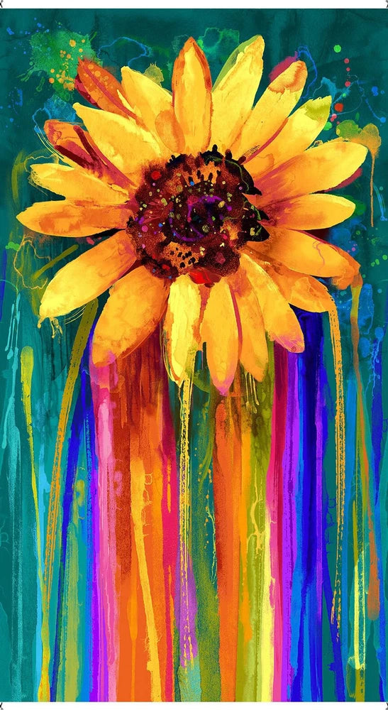 Multicolor sunflower fabric panel, large yellow flower with rainbow vertical drips