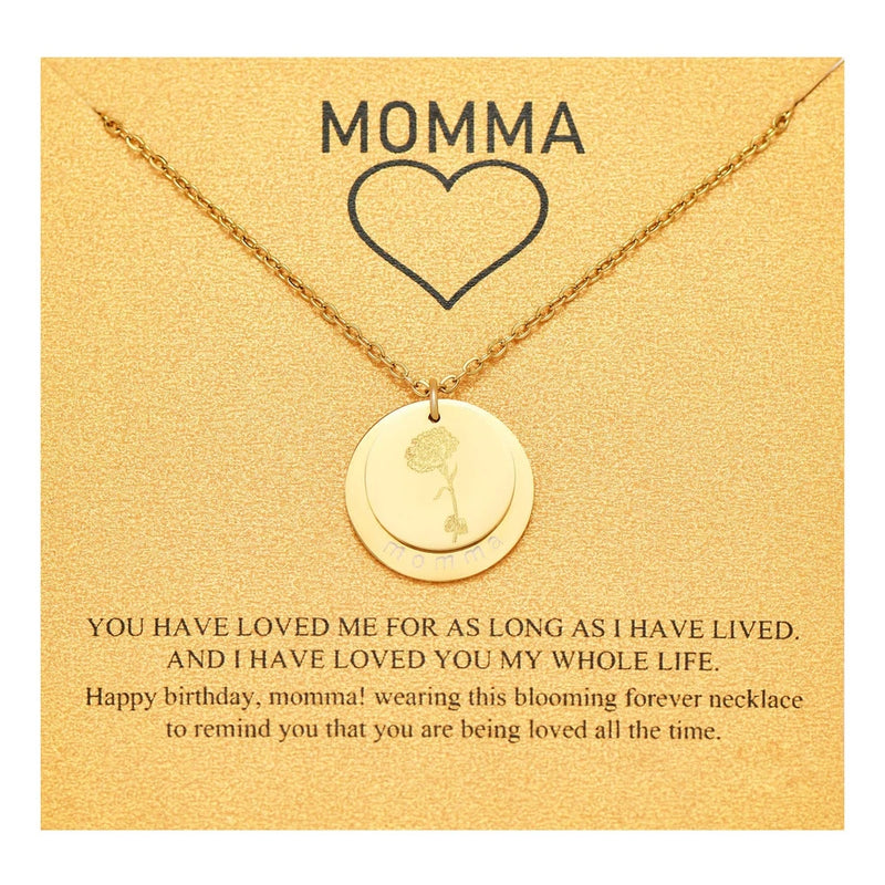 Dainty gold-tone necklace with circular pendant featuring a small carnation flower charm