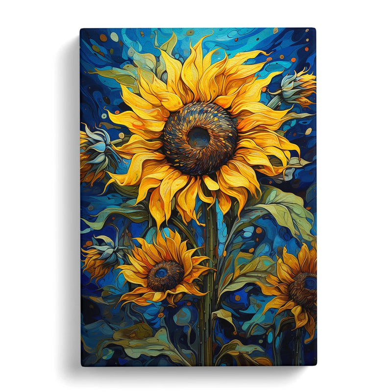 Framed canvas wall art print with vibrant yellow sunflower and blue floral background