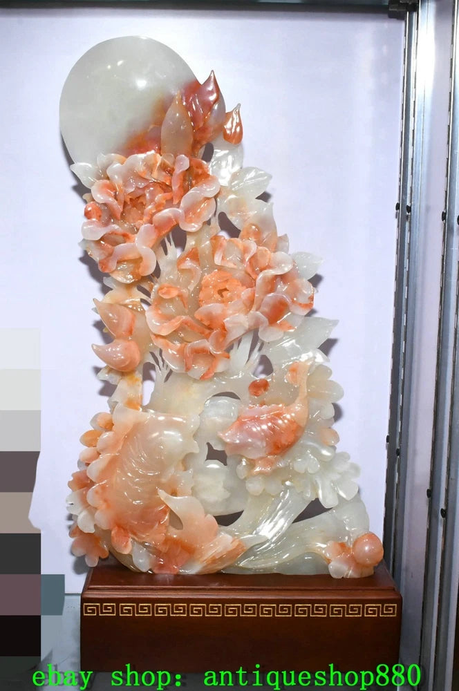 21.6''Chinese Jade Carving Hollow out Peony Flower Fish Animal Statue Sculpture Peony