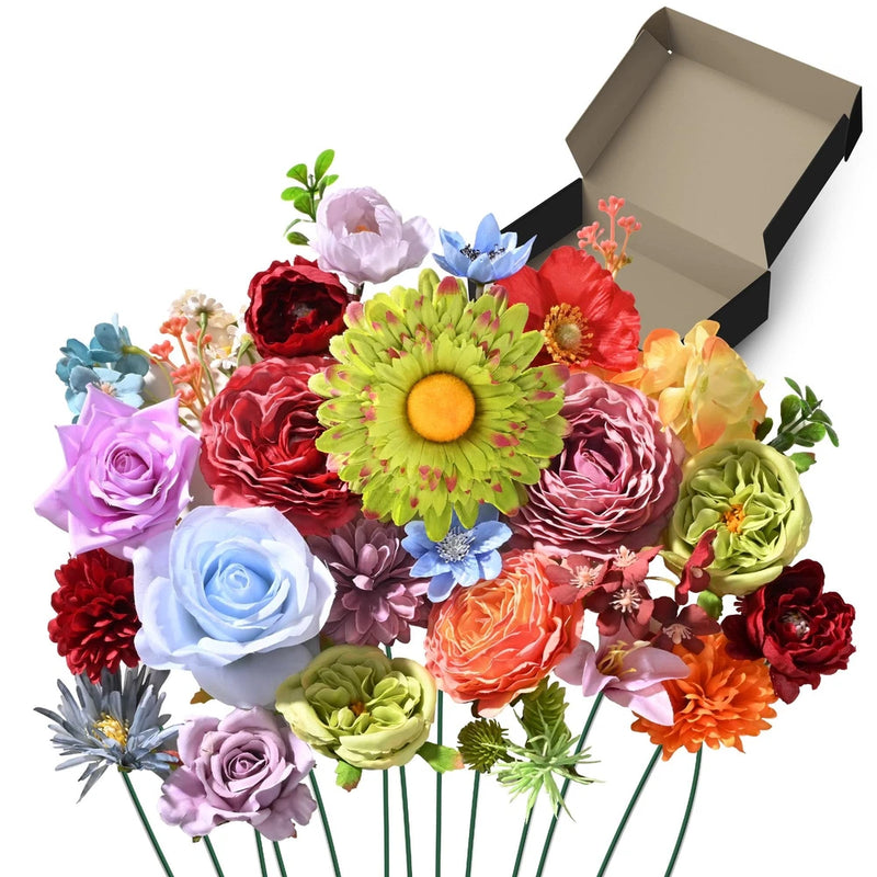 Assorted silk-look artificial flowers with green wire stems, multi-color blooms