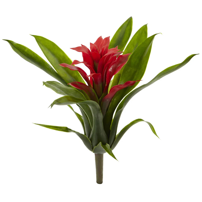 Set of 6 faux bromeliad stems with red flower spikes and green leaf rosettes